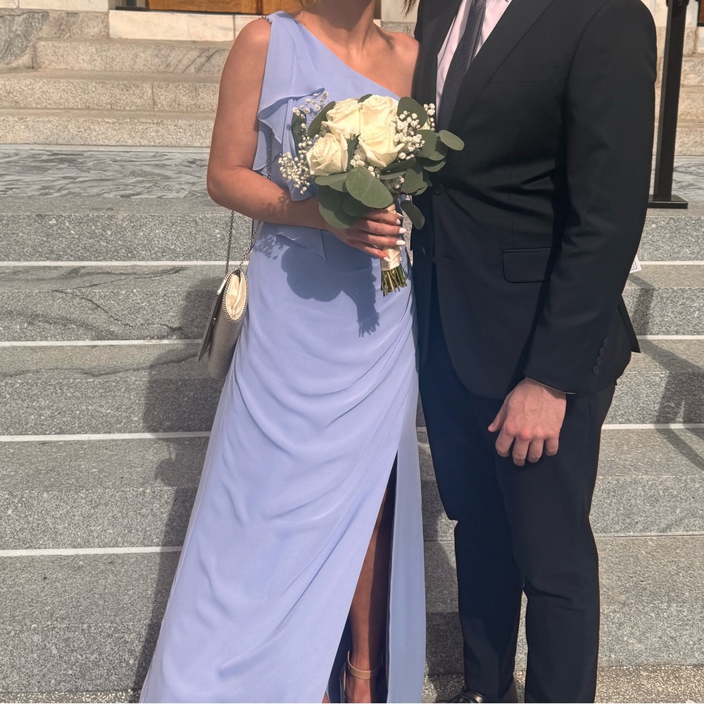 JJs House One-Shoulder Light Blue Bridesmaid Dress with Thigh Slit